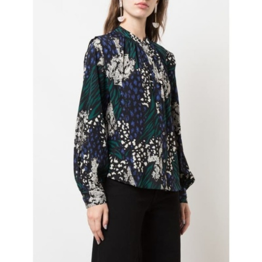 Veronica Beard Buckley Floral Silk Blouse Green Black Size 00 Loose Fit Preppy - Picture 5 of 13